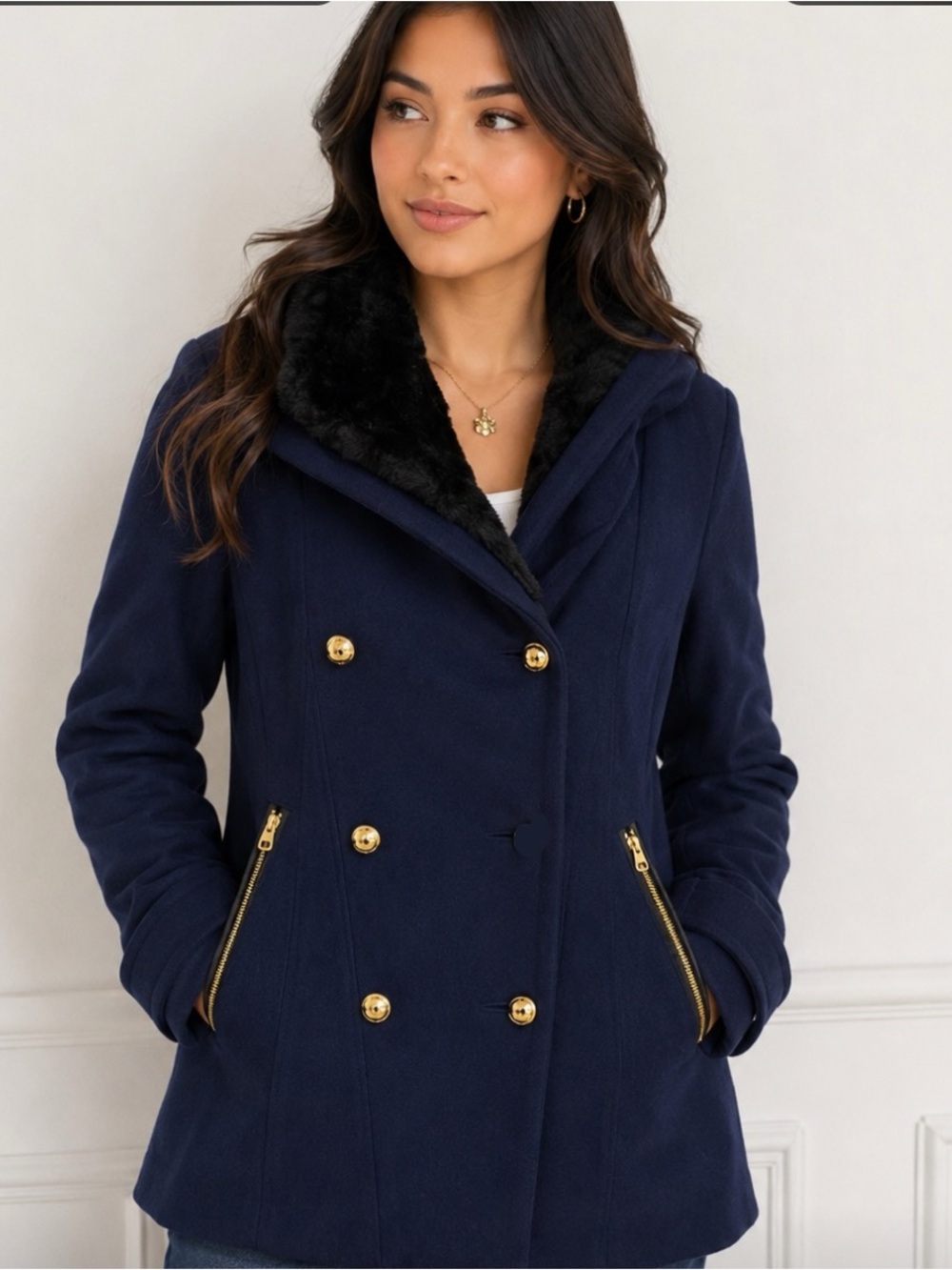 Juicy Couture Navy Pea Coat with Gold Accents